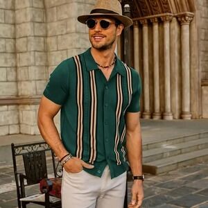 PJ Paul Jones Polo Shirt Mens S Green Striped Retro Knit Button Up Short Sleeve